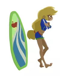 Size: 1819x2286 | Tagged: safe, artist:examonedayago, derpibooru import, applejack, blue crushed, equestria girls, equestria girls series, 2010s, 2019, barefoot, clothes, feet, female, simple background, solo, surfboard, swimsuit, white background