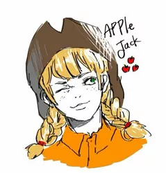 Size: 468x489 | Tagged: safe, artist:mr_lemo_fuck, derpibooru import, applejack, human, 2010s, 2019, applejack's hat, braided pigtails, cowboy hat, digital art, female, freckles, hat, humanized, one eye closed, solo