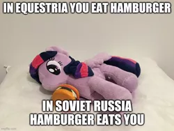 Size: 666x500 | Tagged: safe, derpibooru import, edit, twilight sparkle, twilight sparkle (alicorn), alicorn, pony, bread, burger, caption, cheese, cheeseburger, customization, eating, female, food, hamburger, image macro, irl, lying down, mare, meat, meme, photo, pillow, plushie, plushie eating a plushie, ponies eating meat, side, solo, text, that pony sure does love burgers, tomato