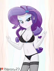 Size: 1247x1638 | Tagged: suggestive, artist:tabrony23, derpibooru import, rarity, equestria girls, bedroom eyes, black bra, black panties, black underwear, bra, breasts, busty rarity, clothes, female, high res, lingerarity, lingerie, looking at you, panties, patreon, sexy, smiling, socks, solo, solo female, stockings, stupid sexy rarity, thigh highs, underwear