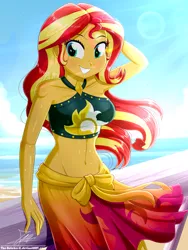 Size: 1430x1900 | Tagged: safe, artist:the-butch-x, derpibooru import, sunset shimmer, equestria girls, equestria girls series, adorasexy, arm behind head, beach, beautiful, beautisexy, belly button, bikini, blushing, breasts, busty sunset shimmer, clothes, cloud, crepuscular rays, cute, cutie mark, cutie mark on clothes, exposed belly, female, happy, leaning back, multicolored hair, ocean, outdoors, pier, sand, sarong, sexy, shimmerbetes, shiny skin, sky, smiling, solo, standing, summer, summer sunset, sunlight, swimsuit, teal eyes