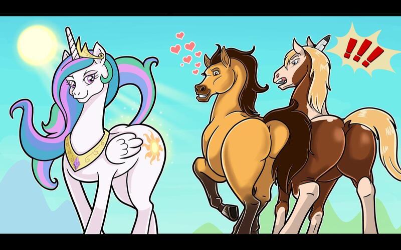 Size: 1280x800 | Tagged: suggestive, artist:wangkingfun, derpibooru import, princess celestia, alicorn, horse, pony, butt, crossover, distracted boyfriend meme, dreamworks, exclamation point, female, floating heart, heart, mare, meme, mustang, pinto, plot, rain, raised tail, smiling, spirit, spirit: stallion of the cimarron, tail, wings