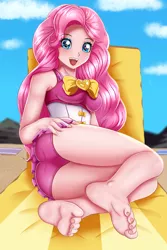 Size: 1200x1800 | Tagged: safe, artist:focusb, derpibooru import, pinkie pie, equestria girls, adorasexy, balloonbutt, barefoot, beach, beach chair, breasts, busty pinkie pie, butt, clothes, cute, diapinkes, feet, female, foot focus, legs, looking at you, open mouth, sand, sexy, soles, solo, swimsuit