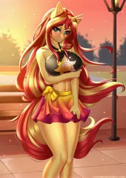 Size: 2850x4000 | Tagged: safe, artist:anxiety-chan, derpibooru import, sunset shimmer, anthro, unicorn, adorasexy, arm under breasts, bench, black swimsuit, blushing, breasts, busty sunset shimmer, clothes, cute, cutie mark swimsuit, ear fluff, jeweled swimsuit, lake, lidded eyes, long hair, looking at you, park, sarong, sexy, shimmerbetes, summer sunset, swimsuit