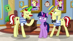 Size: 1920x1080 | Tagged: safe, derpibooru import, edit, edited screencap, screencap, flam, flim, svengallop, twilight sparkle, twilight sparkle (alicorn), alicorn, earth pony, pony, unicorn, friendship university, the mane attraction, angry, flim flam brothers, implied svengallop, magic, punishment, revenge