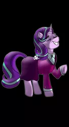 Size: 1080x1998 | Tagged: safe, artist:fantasyworlddraws, derpibooru import, starlight glimmer, pony, unicorn, black background, clothes, eyebrows, eyes closed, female, mare, older, older starlight glimmer, raised hoof, simple background, skirt, solo, suit