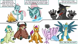 Size: 1280x720 | Tagged: safe, artist:termyotter, derpibooru import, gallus, ocellus, sandbar, silverstream, smolder, yona, changedling, changeling, classical hippogriff, dragon, earth pony, gryphon, hippogriff, pony, werewolf, wolf, yak, bow, cloven hooves, colored hooves, dragoness, faint, female, fire, hair bow, jewelry, male, monkey swings, necklace, raised hoof, shapeshifting, simple background, student six, teenager, white background