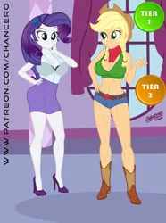 Size: 594x800 | Tagged: suggestive, artist:chancero, derpibooru import, applejack, rarity, equestria girls, belly button, big breasts, boots, breasts, busty applejack, busty rarity, clothes, cowboy boots, cowboy hat, daisy dukes, duo, female, females only, hat, high heels, miniskirt, patreon, sexy, shoes, shorts, skirt, stupid sexy applejack, stupid sexy rarity
