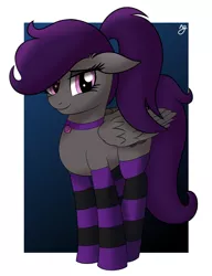 Size: 990x1290 | Tagged: safe, artist:ngnir, derpibooru import, oc, oc:violet shade, unofficial characters only, pegasus, pony, abstract background, choker, clothes, female, freckles, mare, socks, solo, striped socks