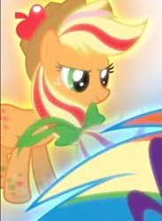 Size: 435x595 | Tagged: safe, derpibooru import, screencap, applejack, twilight's kingdom, cropped, female, glow, rainbow power, rainbow power-ified, smiling, solo