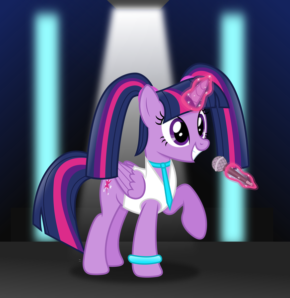 Size: 3987x4104 | Tagged: safe, artist:anime-equestria, derpibooru import, twilight sparkle, twilight sparkle (alicorn), alicorn, pony, alternate hairstyle, bracelet, clothes, cute, cutie mark, female, happy, hatsune miku, horn, jacket, jewelry, levitation, lights, magic, magic aura, mare, microphone, necktie, pigtails, smiling, solo, stage, telekinesis, twiabetes, twigtails, twintails, wings