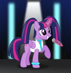 Size: 3987x4104 | Tagged: safe, artist:anime-equestria, derpibooru import, twilight sparkle, twilight sparkle (alicorn), alicorn, pony, alternate hairstyle, bracelet, clothes, cute, cutie mark, female, happy, hatsune miku, horn, jacket, jewelry, levitation, lights, magic, magic aura, mare, microphone, necktie, pigtails, smiling, solo, stage, telekinesis, twiabetes, twigtails, twintails, wings