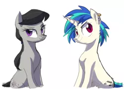 Size: 1400x1000 | Tagged: safe, artist:yaaaco, derpibooru import, octavia melody, vinyl scratch, earth pony, pony, unicorn, alternate hairstyle, ear piercing, earring, female, jewelry, lesbian, mare, piercing, scratchtavia, shipping, simple background, smiling, smirk, white background