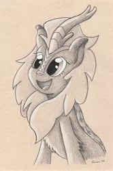 Size: 3335x5037 | Tagged: safe, artist:peruserofpieces, derpibooru import, cinder glow, summer flare, kirin, bust, female, happy, horn, pencil drawing, scales, smiling, solo, toned paper, traditional art