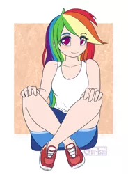 Size: 994x1351 | Tagged: safe, artist:puetsua, color edit, derpibooru import, edit, editor:michaelsety, rainbow dash, human, equestria girls, anime, blushing, breasts, clothes, colored, crossed legs, cute, dashabetes, eye clipping through hair, female, hands on knees, happy, human coloration, humanized, light skin, light skin edit, long hair, multicolored hair, no pupils, no socks, patterned background, pink eyes, rainbow hair, shoes, shorts, sitting, sitting on floor, skin color edit, small breasts, smiling, sneakers, solo, sporty style, tanktop, tomboy, watermark