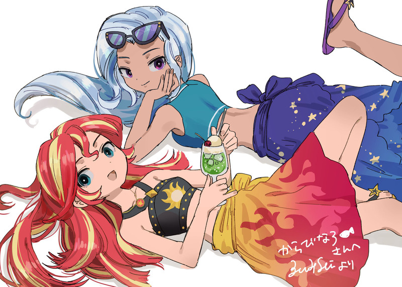 Size: 2523x1800 | Tagged: safe, artist:tz036, color edit, derpibooru import, edit, editor:michaelsety, sunset shimmer, trixie, equestria girls, equestria girls series, forgotten friendship, adorasexy, bikini, clothes, colored, cute, drink, duo, duo female, feet, female, geode of empathy, human coloration, japanese, jewelry, light skin, light skin edit, magical geodes, moon runes, necklace, on back, prone, raised leg, sandals, sarong, sexy, simple background, skin color edit, smiling, sunglasses, swimsuit, white background