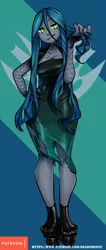 Size: 425x1000 | Tagged: safe, artist:srasomeone, derpibooru import, queen chrysalis, changeling, changeling queen, equestria girls, clothes, dress, equestria girls-ified, female, fishnets, green eyes, looking at you, patreon, solo, url