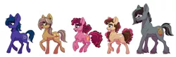 Size: 2673x880 | Tagged: safe, artist:celestial-rainstorm, derpibooru import, oc, oc:azurite, oc:cherry chimichanga, oc:confetti cake, oc:iron forge, oc:sandstone pie, unofficial characters only, earth pony, pony, female, male, mare, offspring, parent:cheese sandwich, parent:limestone pie, parent:marble pie, parent:maud pie, parent:mud briar, parent:pinkie pie, parent:quibble pants, parent:trouble shoes, parent:troubleshoes clyde, parents:cheesepie, parents:marbleshoes, parents:maudbriar, parents:quibblestone, simple background, stallion, white background