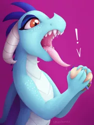 Size: 2997x3996 | Tagged: suggestive, artist:smallhorses, derpibooru import, princess ember, dragon, commission, drool, exclamation point, female, food, foodplay, imminent vore, mawshot, open mouth, salivating, tongue out