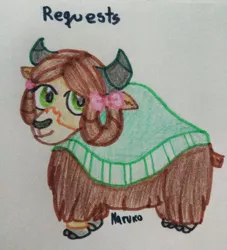 Size: 1536x1695 | Tagged: safe, derpibooru import, yona, yak, bow, cloven hooves, colored pencil drawing, cute, female, hair bow, horns, looking at you, marker drawing, monkey swings, smiling, solo, traditional art, yonadorable