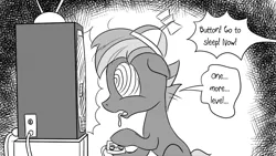 Size: 1200x675 | Tagged: safe, artist:pony-berserker, derpibooru import, button mash, earth pony, pony, colt, hat, hypnosis, hypnotized, implied cream heart, male, monochrome, offscreen character, pony-berserker's twitter sketches, propeller hat, stippling, swirly eyes, tetris, that pony sure does love computer games, this will end in grounding, video game