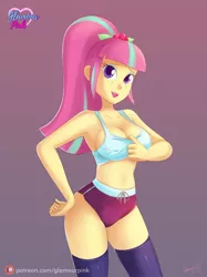 Size: 1280x1707 | Tagged: suggestive, artist:glamourpink, derpibooru import, sour sweet, equestria girls, belly button, breasts, busty sour sweet, cleavage, clothes, commission, erect nipples, female, freckles, gym uniform, hairclip, nipple outline, ponytail, shorts, socks, solo, solo female, sports, sports bra, stockings, thigh highs, thighs