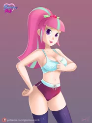Size: 1280x1707 | Tagged: suggestive, artist:glamourpink, color edit, derpibooru import, edit, editor:michaelsety, sour sweet, human, equestria girls, adorasexy, belly button, breasts, busty sour sweet, clothes, colored, cute, erect nipples, female, hairclip, human coloration, humanized, light skin, light skin edit, looking at you, nipple outline, sexy, shorts, skin color edit, socks, solo, solo female, sports, sports bra, stockings, thigh highs