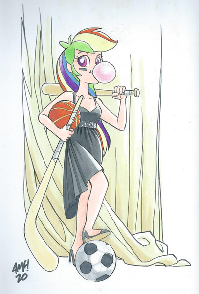 Size: 1402x2065 | Tagged: safe, artist:tonyfleecs, color edit, derpibooru import, edit, editor:michaelsety, rainbow dash, human, equestria girls, baseball bat, basketball, black dress, bubblegum, clothes, colored, commission, dress, female, food, football, gum, hockey, hockey stick, human coloration, humanized, light skin, light skin edit, little black dress, photo shoot, racket, rainbow dash always dresses in style, skin color edit, sleeveless, solo, sports, tomboy