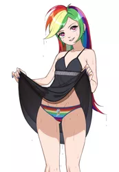 Size: 1040x1500 | Tagged: suggestive, artist:secubu, color edit, derpibooru import, edit, editor:michaelsety, rainbow dash, human, equestria girls, black dress, breasts, cameltoe, clothes, colored, cutie mark underwear, delicious flat chest, dress, female, human coloration, humanized, light skin, light skin edit, little black dress, panties, rainbow dash always dresses in style, rainbow flat, rainbow panties, rainbow underwear, sexy, skin color edit, skirt, skirt lift, solo, stupid sexy rainbow dash, tomboy, underwear, upskirt, wet clothes, wet hair