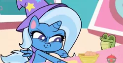 Size: 1864x956 | Tagged: safe, derpibooru import, screencap, gummy, trixie, alicorn, alligator, pony, friendship gems, my little pony: pony life, spoiler:pony life s01e12, spoiler:pony life s01e17, alicornified, animation error, cape, clothes, egg, female, hat, mare, race swap, trixie's cape, trixie's hat, trixiecorn