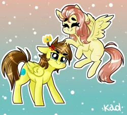 Size: 1650x1500 | Tagged: safe, artist:madkadd, derpibooru import, oc, unofficial characters only, pegasus, pony, abstract background, blushing, cross-popping veins, duo, eyes closed, flower, flower in hair, flying, frown, pegasus oc, smiling, wings