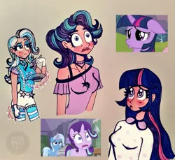 Size: 2087x1915 | Tagged: safe, artist:valeriamagicart, derpibooru import, starlight glimmer, trixie, twilight sparkle, twilight sparkle (alicorn), alicorn, human, unicorn, blushing, clothes, cute, ear piercing, earring, eating, gloves, glowing hands, humanized, jewelry, magic, necklace, open mouth, piercing, scene interpretation, screencap reference, spoon, telekinesis, traditional art, twiabetes