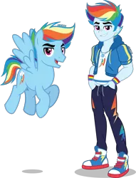 Size: 3056x4000 | Tagged: safe, artist:orin331, derpibooru import, rainbow dash, pegasus, pony, equestria girls, equestria girls series, absurd resolution, alternate hairstyle, bandaid, clothes, converse, cute, cutie mark, equestria guys, flying, geode of super speed, handsome, hoodie, human ponidox, jacket, magical geodes, male, open mouth, pants, rainbow blitz, rule 63, self paradox, self ponidox, shirt, shoes, simple background, sneakers, stallion, sweatpants, t-shirt, transparent background