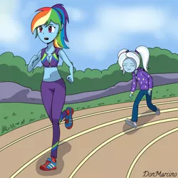 Size: 3000x3000 | Tagged: safe, artist:donmarcino, derpibooru import, rainbow dash, trixie, equestria girls, alternate costumes, alternate hairstyle, babysitter trixie, belly button, breasts, buckball fan gear rainbow dash, cleavage, clothes, exhausted, female, gameloft, gameloft interpretation, grass, hoodie, jacket, midriff, open clothes, open mouth, open shirt, pants, pigtails, ponytail, race track, running, shoes, shorts, sky, sleeveless, sneakers, socks, sports bra, sports shoes, sports shorts, stars, sweatpants, tracksuit, twintails, zipper