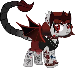 Size: 4002x3633 | Tagged: safe, alternate version, artist:sparklysapphire, derpibooru import, oc, oc:danger doodle, unofficial characters only, bat pony, hybrid, original species, pony, scorpion, scorpion pony, bat pony oc, bat wings, bracelet, choker, clothes, crown, ear piercing, earring, fangs, female, jacket, jewelry, leather jacket, mare, markings, piercing, punk, red and black oc, red eyes, red mane, regalia, scorpion tail, shorts, simple background, sleeveless, slit pupils, solo, spiked choker, spiked wristband, tattoo, transparent background, wings, wristband