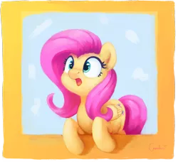 Size: 2911x2659 | Tagged: safe, artist:aemantaslim, derpibooru import, fluttershy, pegasus, pony, female, folded wings, frame, high res, mare, open mouth, solo, surprised, three quarter view, wide eyes, wings