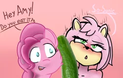 Size: 1900x1200 | Tagged: suggestive, artist:shehaveboththings, derpibooru import, earth pony, pony, amy rose, crossover, cucumber, dialogue, food, food censorship, nudity, sonic the hedgehog (series), vegetables