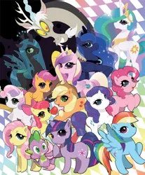 Size: 1000x1208 | Tagged: safe, artist:booseo, derpibooru import, apple bloom, applejack, discord, fluttershy, pinkie pie, princess cadance, princess celestia, princess luna, queen chrysalis, rainbow dash, rarity, scootaloo, spike, sweetie belle, twilight sparkle, alicorn, changeling, changeling queen, draconequus, dragon, earth pony, pony, unicorn, cowboy hat, crown, cutie mark crusaders, digital art, female, hat, jewelry, male, mane six, mare, regalia, unicorn twilight