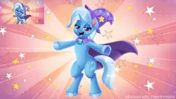 Size: 1100x618 | Tagged: safe, artist:pyropk, derpibooru import, trixie, pony, unicorn, friendship gems, my little pony: pony life, spoiler:pony life s01e12, spoiler:pony life s01e17, bipedal, cap, cape, clothes, female, g4.5 to g4, hat, mare, redraw, scene interpretation, solo, sunburst background, trixie's cape, trixie's hat, unshorn fetlocks