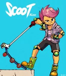 Size: 1164x1342 | Tagged: safe, artist:6798ty52, derpibooru import, scootaloo, equestria girls, >:), badass, clothes, digital art, elbow pads, female, hoodie, knee pads, mittens, scooter, shirt, shoes, shorts, smiling, sneakers, socks, solo, t-shirt