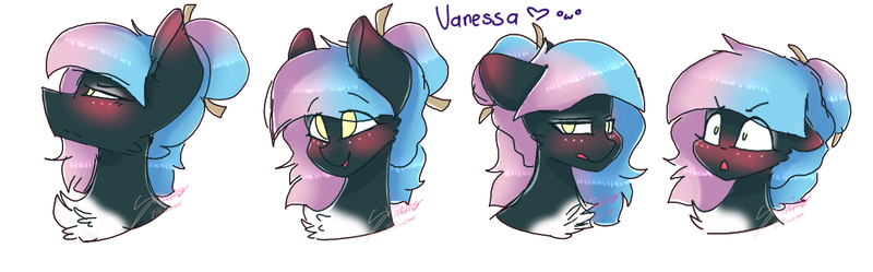 Size: 1280x398 | Tagged: safe, artist:shinningblossom12, derpibooru import, oc, oc:vanessa, unofficial characters only, earth pony, pony, blushing, bust, chest fluff, earth pony oc, eye clipping through hair, female, floppy ears, hairpin, heart, mare, simple background, smiling, white background