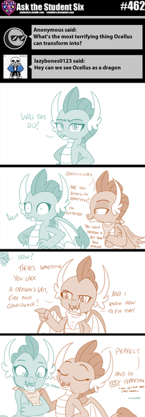 Size: 800x2299 | Tagged: safe, artist:sintakhra, derpibooru import, ocellus, smolder, changedling, changeling, dragon, tumblr:studentsix, bandana, cute, diaocelles, disguise, disguised changeling, smolderbetes