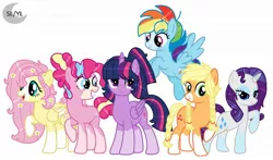 Size: 1920x1130 | Tagged: safe, artist:princesslunayay, derpibooru import, applejack, fluttershy, pinkie pie, rainbow dash, rarity, twilight sparkle, twilight sparkle (alicorn), alicorn, earth pony, pegasus, pony, unicorn, alternate design, alternate hairstyle, base used, coat markings, colored muzzle, colored wings, female, flower, flower in hair, freckles, happy, logo, mane six, mare, redesign, smiling, socks (coat marking), wings