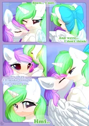 Size: 800x1131 | Tagged: safe, artist:alphadesu, derpibooru import, oc, oc:minty root, oc:snow kicker, pegasus, pony, unicorn, comic:sisterly love, comic, female, kissing, lesbian