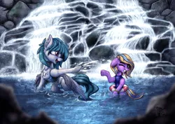 Size: 1654x1169 | Tagged: safe, artist:calena, derpibooru import, oc, unofficial characters only, earth pony, pegasus, clothes, cute, female, mother and child, mother and daughter, playing, rock, stone, swimsuit, water, waterfall