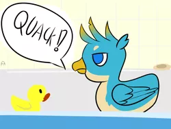 Size: 4000x3000 | Tagged: safe, artist:professionalpuppy, derpibooru import, gallus, bird, duck, behaving like a duck, gallduck, gallus is not amused, male, quack, rubber duck, solo, unamused