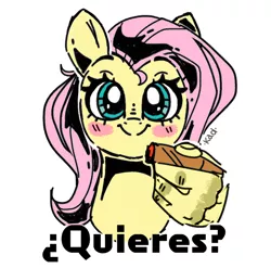 Size: 686x679 | Tagged: safe, artist:madkadd, derpibooru import, edit, editor:aplex, fluttershy, pony, blush sticker, blushing, bust, drugs, female, joint, mare, marijuana, meme, smiling, solo, spanish, ¿quieres?