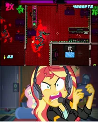 Size: 1280x1585 | Tagged: safe, artist:brandonale, derpibooru import, fluttershy, sunset shimmer, equestria girls, equestria girls series, game stream, spoiler:eqg series (season 2), exploitable meme, gamer sunset, hotline miami 2, meme