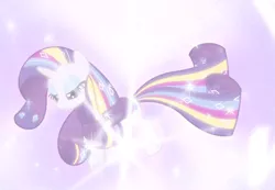 Size: 1213x838 | Tagged: safe, derpibooru import, screencap, rarity, twilight's kingdom, bright, cropped, female, floating, glow, lidded eyes, rainbow power, rainbow power-ified, solo