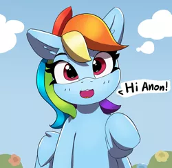 Size: 1880x1830 | Tagged: safe, artist:pabbley, derpibooru import, part of a set, rainbow dash, pegasus, pony, cute, dashabetes, dialogue, female, hi anon, image, implied anon, looking at you, mare, meme, png, solo, speech bubble